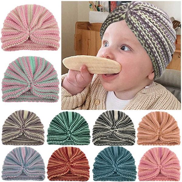 

baby autumn winter warm knitted hat children's striped printed turban hats fashion newborn cute rainbow beanie skull cap casual crochet, Yellow
