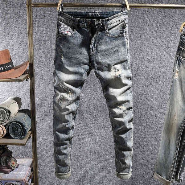 

jeans italian style fashion men jeans retro patchwork slim fit ripped denim pencil pants streetwear vintage designer elastic trousers, Blue