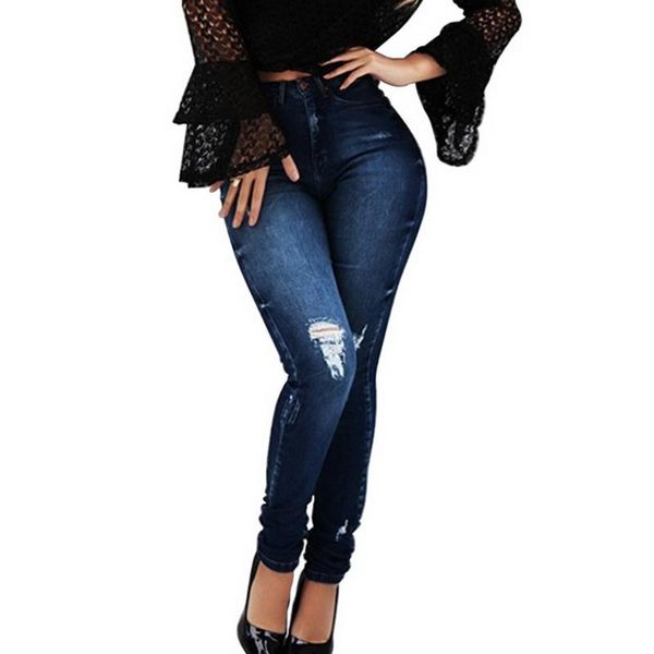 

women's jeans 2021 womens pants spring ladies skinny stretch denim pencil casual hole retro ripped trousers streetwear, Blue