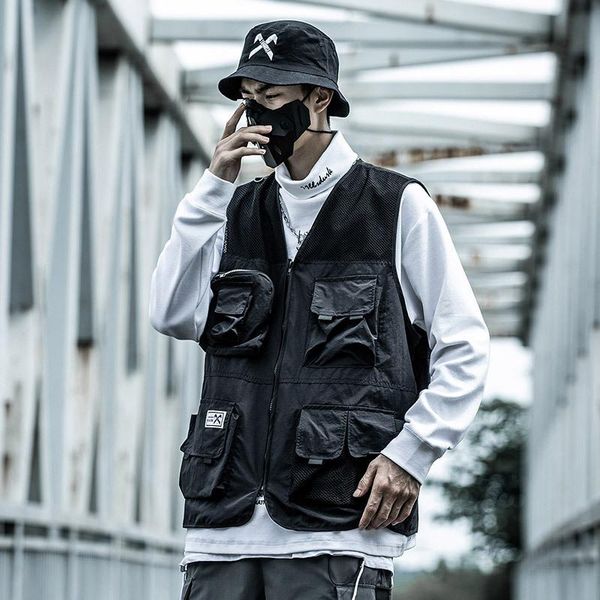 

men's jackets mens hip-hop combat vest jacket streetwear tactical cargo men harajuku bomber waistcoat military utility multi pockets, Black;brown