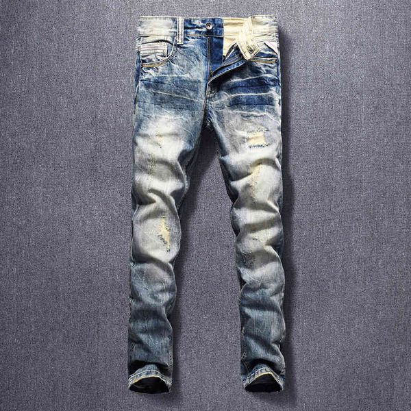 

jeans italian vintage fashion men jeans retro patchwork slim fit ripped denim pants streetwear hip hop designer trousers, Blue