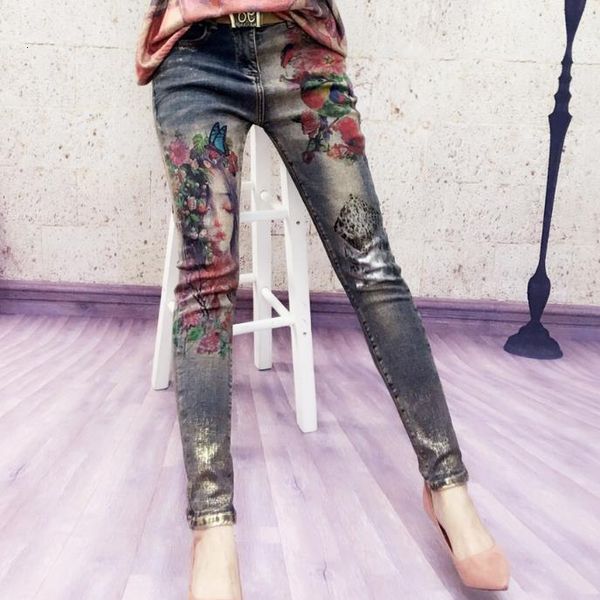

women's jeans plus size 25-32 spring autumn pencil stretchy with 3d flowers pattern painted elegant denim women skinny 0, Blue