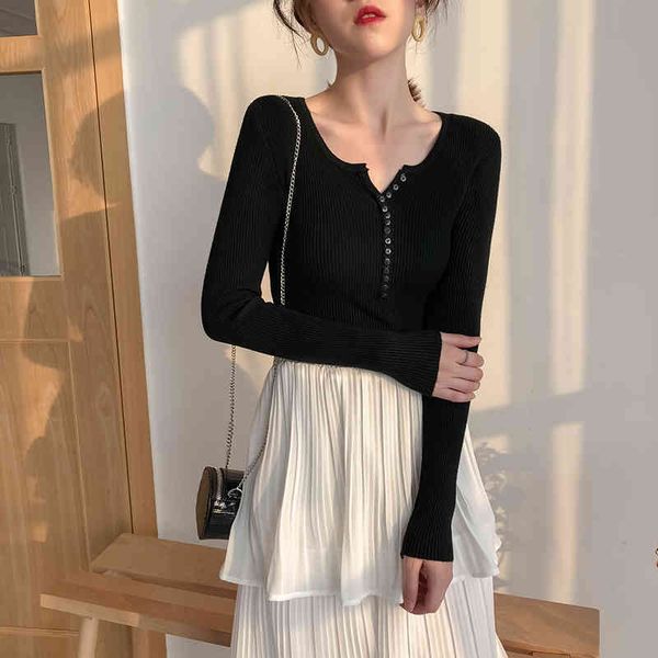 

jxmyy autumn and winter fashion chic all-match v-neck pullover base sweater slim slimming stretch knitted sweater women 210412, White;black