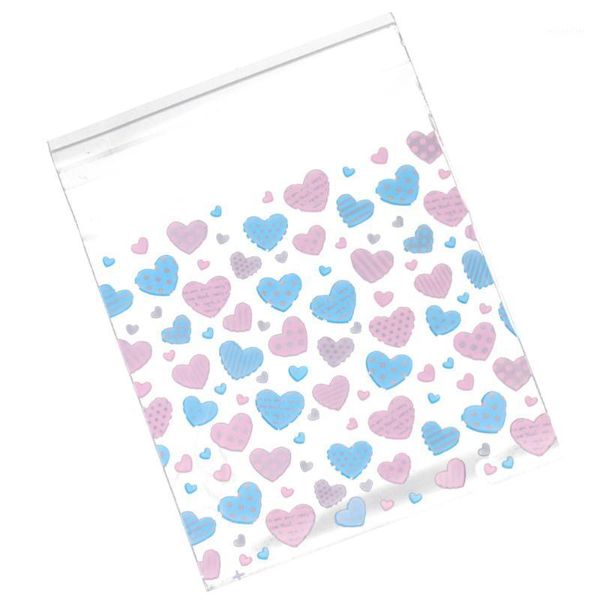 Carta da regalo 200 pezzi Love Heart Stampa Sacchetti di caramelle Biscotti di San Valentino Imballaggio Sacchetto di biscotti autoadesivi traslucidi