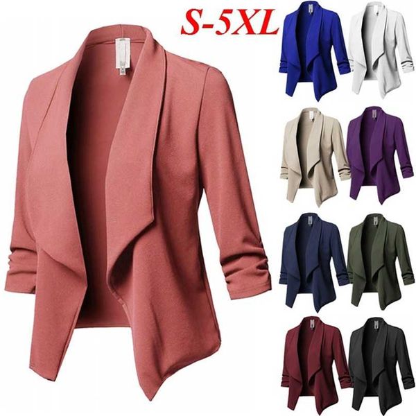10 Renk Kadın Ince Blazer Ceket Rahat Katı Takım Elbise Uzun Kollu Yaka Yok Düğme Bayanlar Blazers İş Giyim Ceketler Artı Boyutu S-5XL 211019