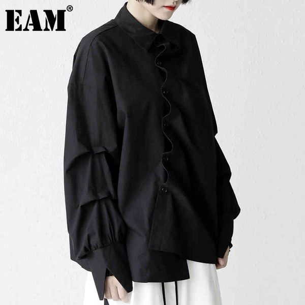 

[eam] women black asymmetrical ruffles blouse lapel long sleeve loose fit shirt fashion spring autumn 1dd6693 210512, White