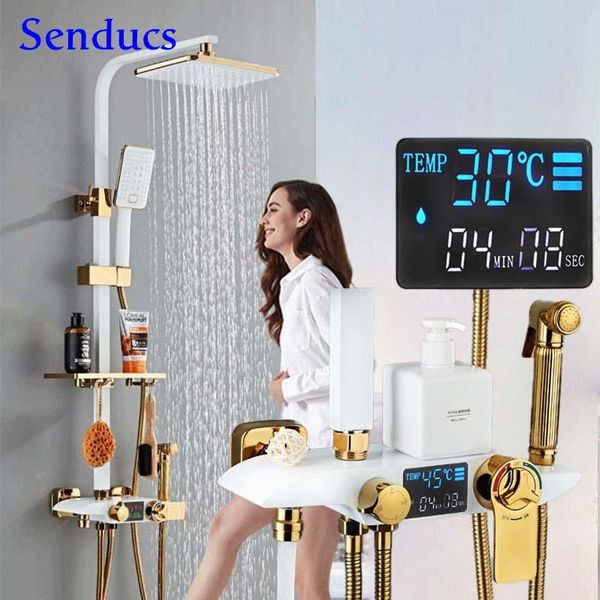 

digital shower set senducs white gold thermostatic bathroom faucet 10 inch rainfall head sets