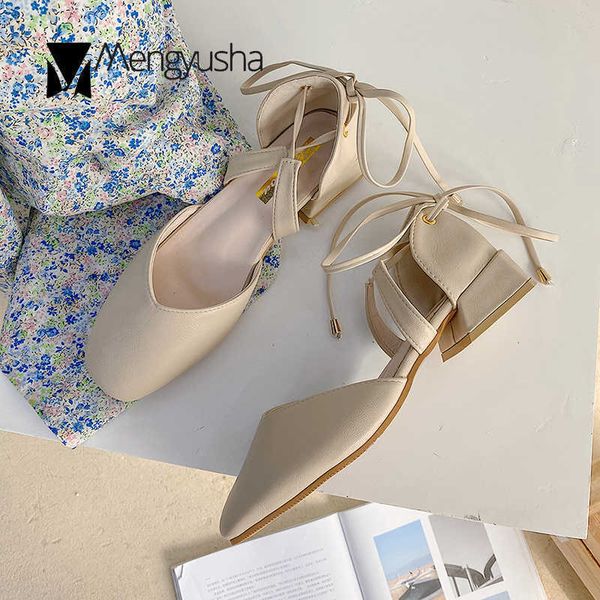 

fairy style front cross-tied girls closed toe sandals women thick cover med high heels sandalias cozy square toe femmes sandales y0721, Black