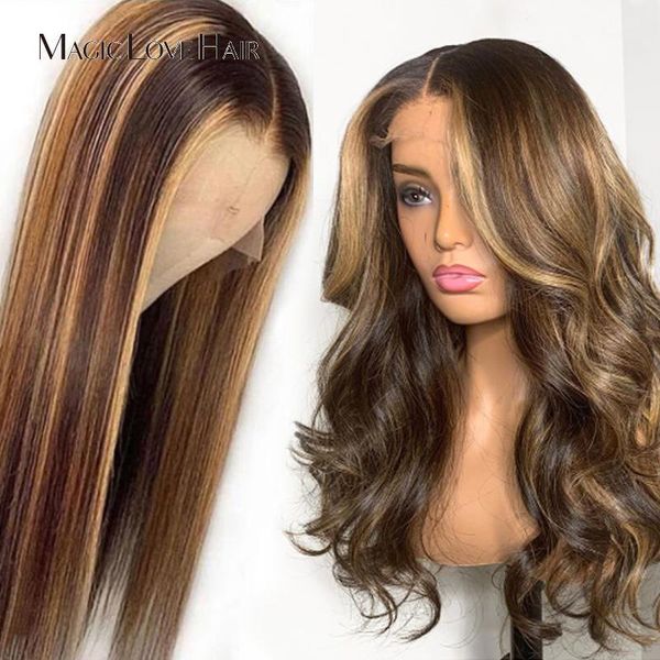 

magiclove 26 inch straight highlight wig t part wave 13*6 human hair lace brazilian ombre remy arrivals1, Black;brown