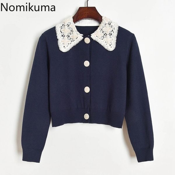 

nomikuma contrast color sweet cardigan women lace patchwork long sleeve single breasted sweater female chic sueter 210514, White;black