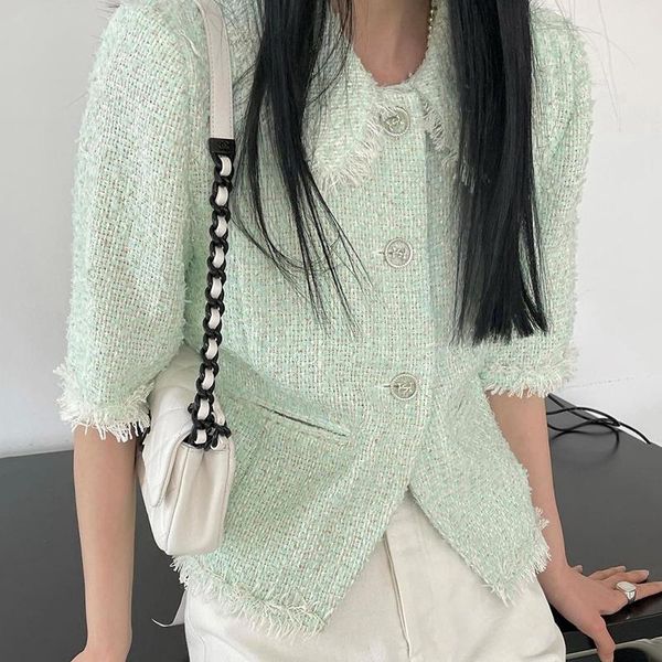 

women's jackets french retro lapel fringed hem stitching loose woman coats three button short tweed jacket women korean chic elegant au, Black;brown
