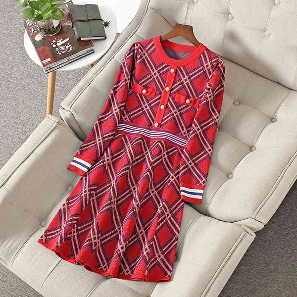 

casual dresses spring long sleeve round neck red plaid knitted panelled buttons knee-length dress elegant nj11210182 cii3, Black;gray