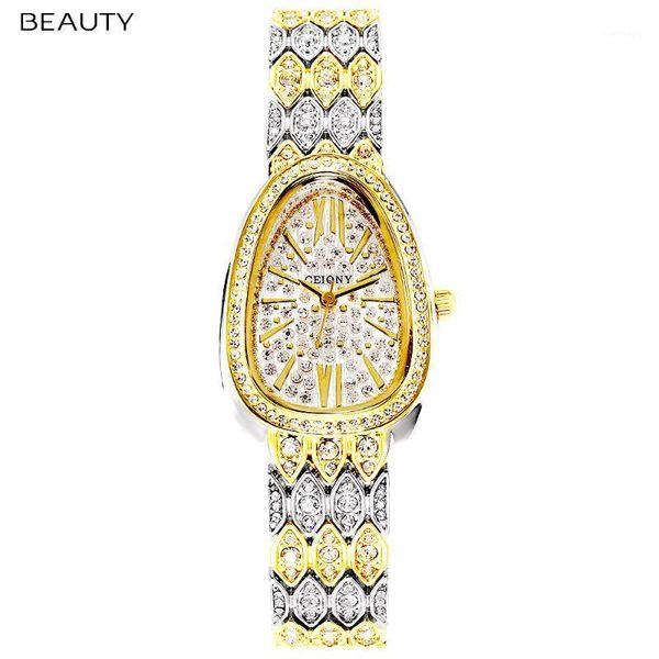 

gold watch luxury egyptian queen snake 2021 all quartz diamond pattern strap classic waterproof wristwatches, Slivery;brown
