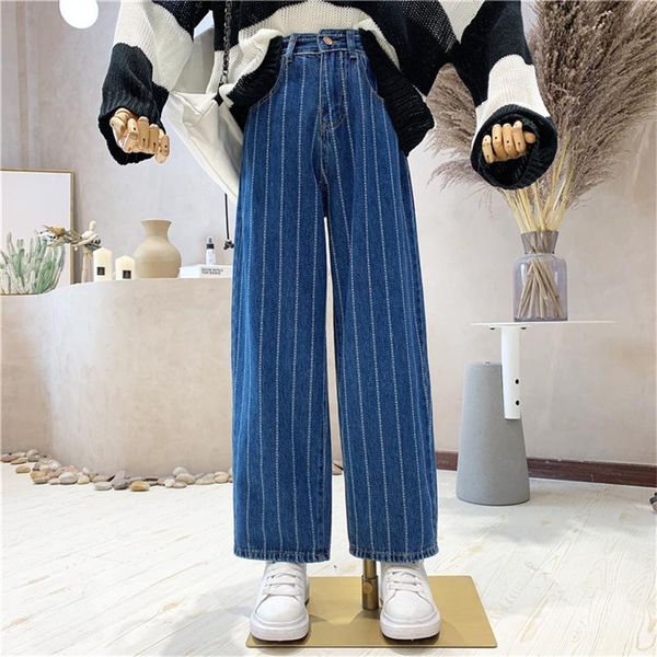 

women's jeans niche design clothing 2021 autumn striped straight high waist loose wide-leg casual pants, Blue