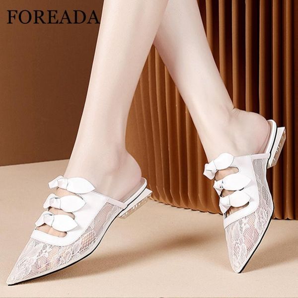 

dress shoes foreada woman lace mules real leather med heels rhinestone square heel pumps bow pointed toe ladies footwear white size 40, Black