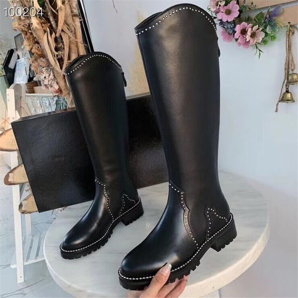 

boots women knee rivets studed long black winter warm runway motorcycle shoes