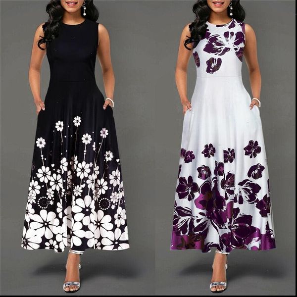 

white sleeveless womens dress o neck floral print women vestidos bodycon boho maxi dresses office lady, Black;gray
