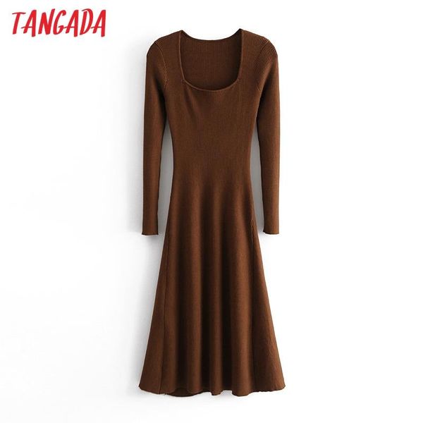 

tangada fashion women solid elegant sweater dress square collar long sleeve ladies warm midi sw08 casual dresses, Black;gray