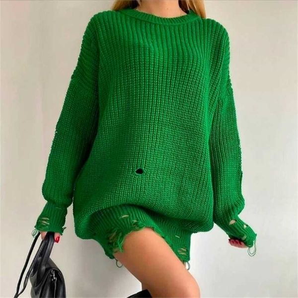 

hole sweater dres o neck knitted long sleeve autumn winter ladies warm y2k oversized casual dresses 211220, Black;gray