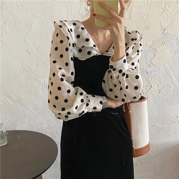 

casual dresses autumn vintage polka dot patchwork velvet dress women two layer turn-down collar long sleeve fake 2pcs vestidos fashion, Black;gray
