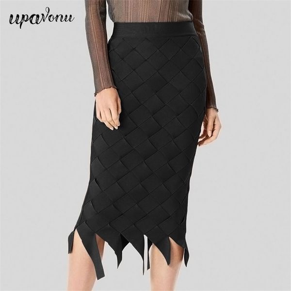 

women elegant bandage skirt fashion fringed slim solid color high waist woven pencil club party 210524, Black