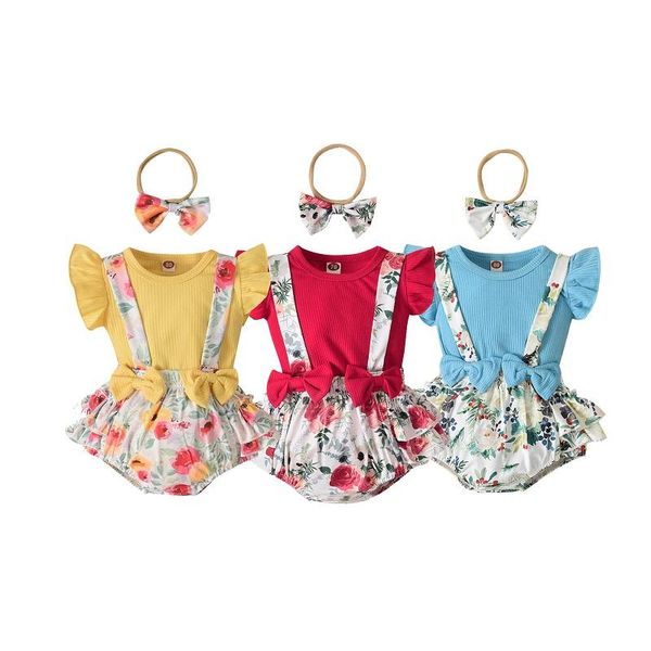 

clothing sets 0-12m cute born baby girl sleeve cotton bodysuit floral bow suspender shorts headband 3pcs summer clothes set, White