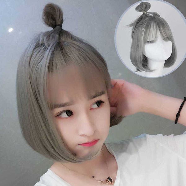 

meatball bobo button pear blossom short curly grandma grey net red same hairstyle wig, Black