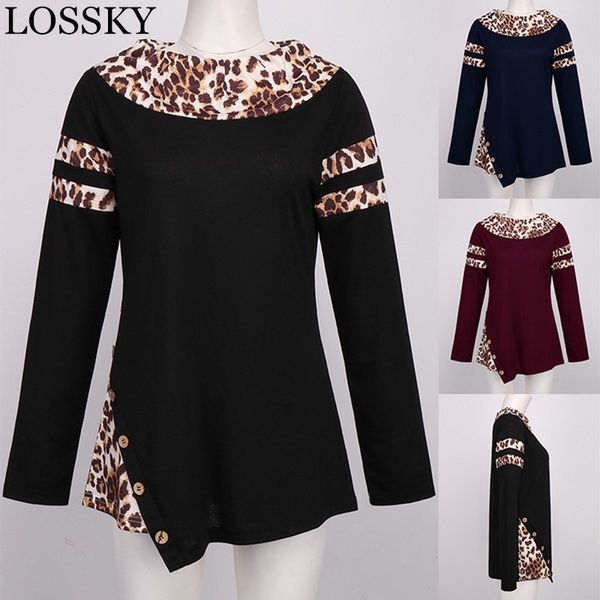 

casual long sleeve autumn women's t-shirt button irregular hem leopard print patchwork t shirt spring ladies tshirt clothes 210520, White