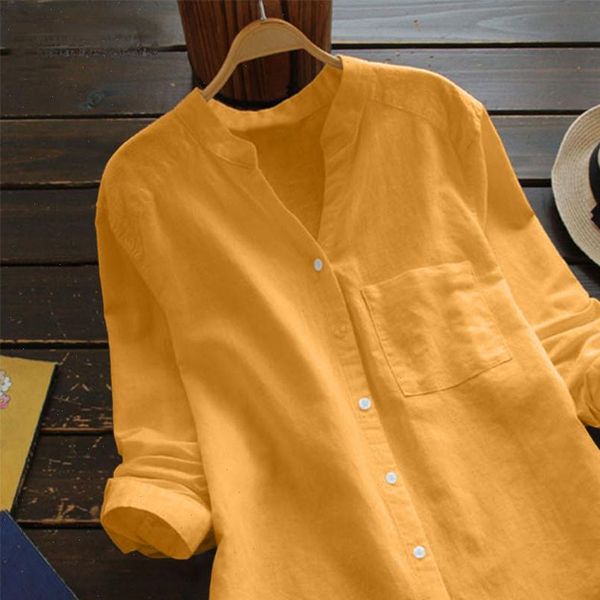 

women cotton linen womens shirt blouse pocket casual solid long sleeve button v neck chemisier femme roupas femininas, White