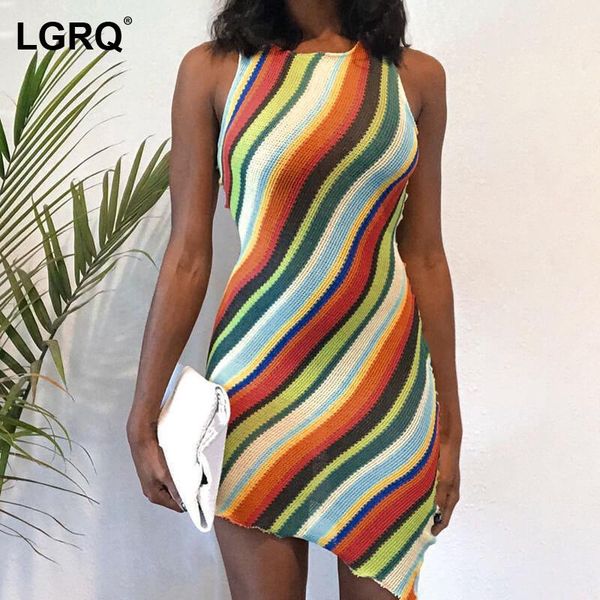 

casual dresses [lgrq] women striped knitting slim dress round neck sleeveless fit fashion tide spring summer 2021 19d1344, Black;gray