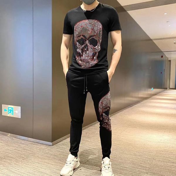

tracksuits unique rhinestone big skull head pattern men's tracksuit slim t-shirt + casual pants male designer brand super suit, Gray