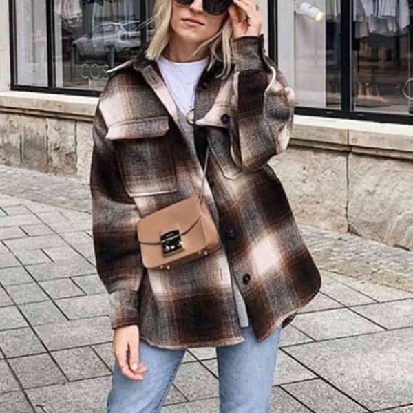 

vintage woolen overcoats women fashion lapel long sleeve thick loose plaid coats elegant streetwear girls chic oversize jackets 210507, Black