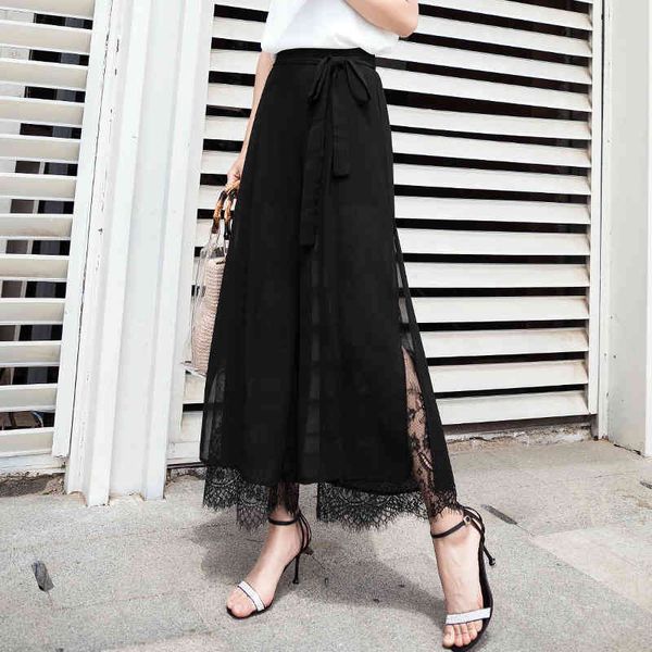 

chiffon wide-leg pants skirt women's summer nine side split lace stitching loose tight high waist 610g 210420, Black;white