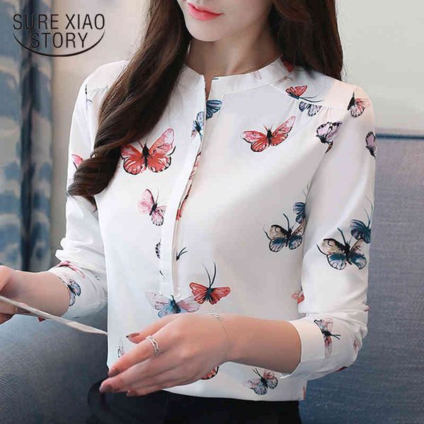 Borboleta de mulher manga comprida mulher borboleta e impressão floral o-pescoço mulheres tops carrinho camisas de colarinho 3xl camisa 1042 40 210508