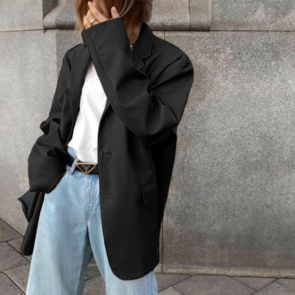 

women's suits & blazers 2021 autumn winter pu leather blazer women khaki long sleeve suit fashion black oversized loose jacket coat, White;black