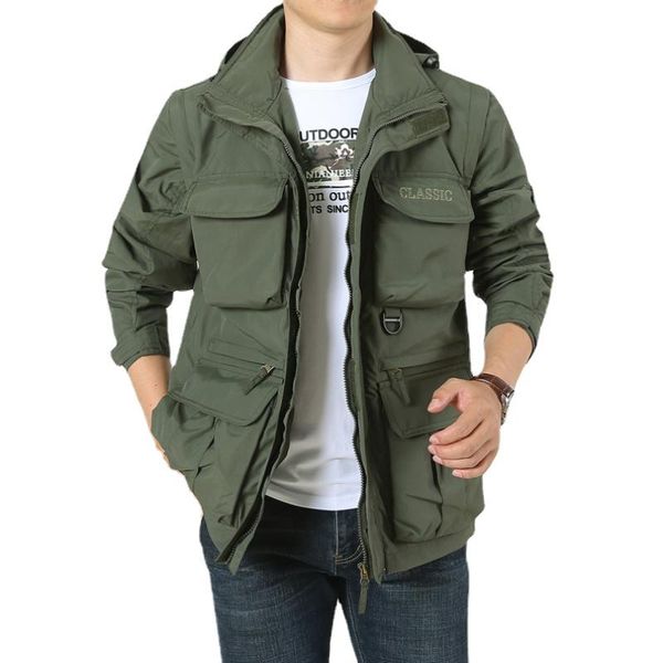 

men's jackets casual multi-pocket outdoor mountaineering sportswear detachable sleeves hooded loose thin jacket, Black;brown
