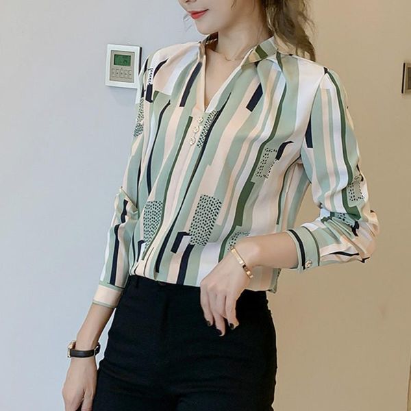 

arrive elegant office for women striped print blouses korean fashion clothing casual long-sleeve button v neck shirts women's &, White