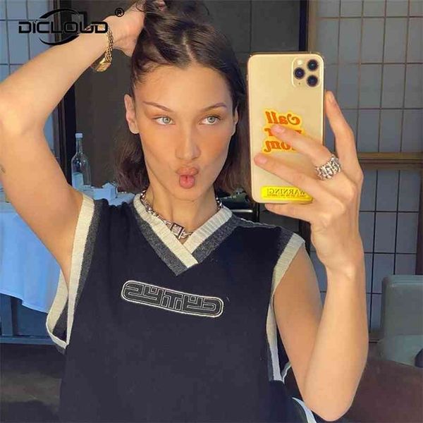 

old school fashion bella oversized knitted vest women vintage sleeveless sweater tank chic street girls waistcoat 210819, Black;white