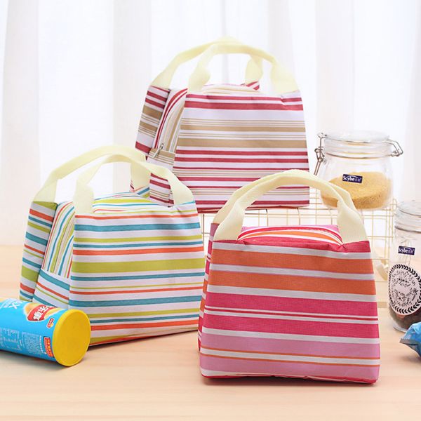 Streifen-Picknick-Mittagessen-Beutel-Getränk-Nahrungsmittelwärmeisolierter Kühler-Tragetaschen-im Freien beweglicher Bento-Kasten-Tragen-Handtaschen-wasserdichtes BH4763 TQQ