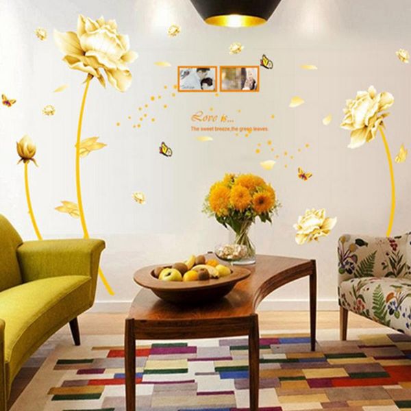 

wall stickers home decor living room backdrop pvc removable bedroom art waterproof office gold flower diy