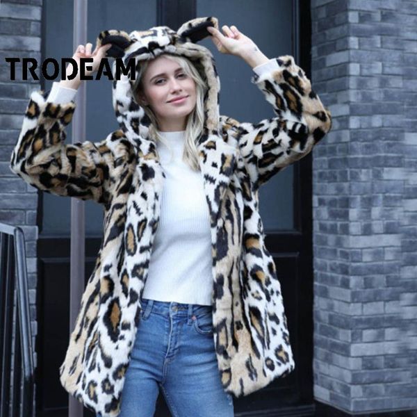 

women's fur & faux trodeam autumn winter leopard print hooded mink coat womens plus size fashions high street middle length jacket, Black
