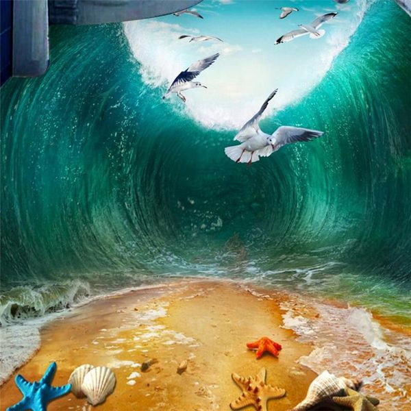 

shuhiko customized large mural pvc waterproof wave sea bird beach toilet bathroom bedroom 3d floor sticker wallpapers