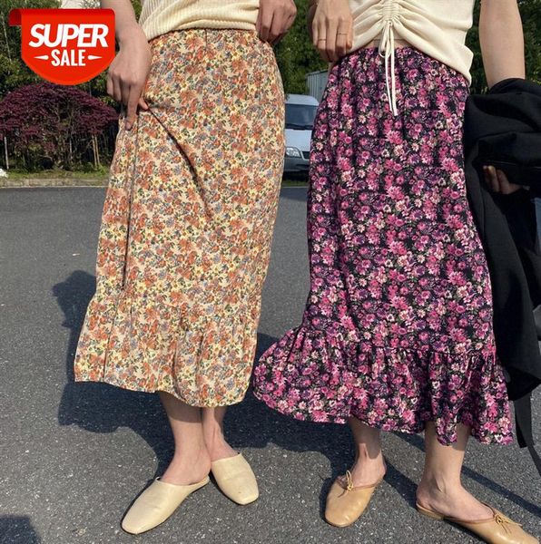 

zhi chenxi / daai retro printed chiffon floral skirt mid-length high-waist a-line 1753 #a93n, Black;gray