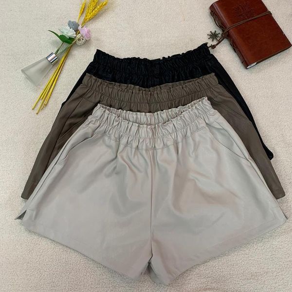 

women's shorts england style pu leather women 2021 spring fall elastic waist high wide leg biker ladies pocket femme plus size, White;black