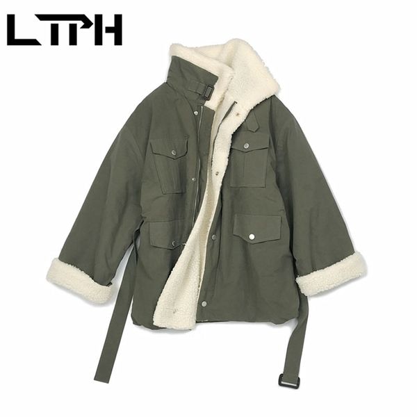 

ltph korean splicing lambswool mid-length woman parkas tooling thicken warm stand collar loose jacket coat spring autumn 210423, Black;brown