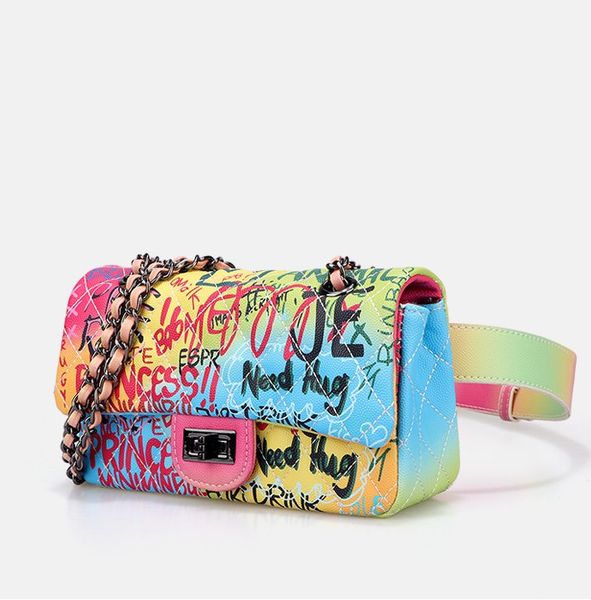 

2021 women lady sport outdoor day packs waistpacks casual fashion graffiti print letter summer rhombus lattice chain handbag bag colourful k