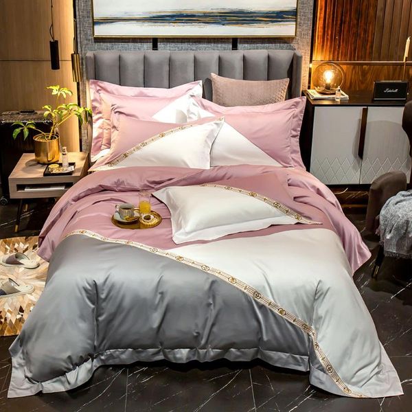 

bedding sets luxury 1000tc egyptian cotton pink grey white splicing embroidery set duvet cover flat/fitted pillowcases sheet bed