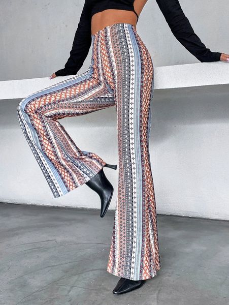 

striped and geo print flared leg pants b7y9#, Black;white