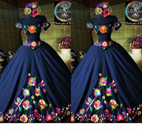 

2021 fashion charro mexico quinceanera dresses navy blue embroidered off the shoulder satin corset back sweet 15 girls prom dress custom, Blue;red