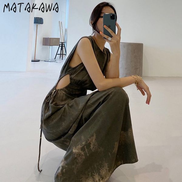 

matakawa elegant round neck woman dress cut out slim waist robe femme ink printing vest long dress korean chic summer vestidos 210513, Black;gray